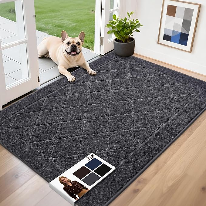 JSEI Dirt Trapper Door Mat 32"x48", Non-Slip Washable Entryway Mats, Dog Door Mat, Stain Resistant and Absorbent Floor Mats, Low Profile Welcome Mat for Front Back Door, Dark Grey