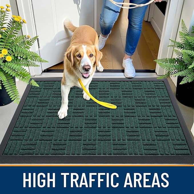 OLANLY Front Door Mat Outside Entrance 59x23, Absorbent, Heavy Duty Sturdy Natural Rubber Doormat Indoor Outdoor, Non-Slip, Stain and Fade Resistant, Low Profile Floor Mat for Entryway, Black Green