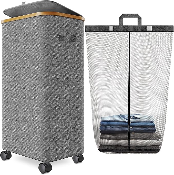 Laundry Hamper with Wheels, 75L Rolling Laundry Basket with Lid by Wuevu