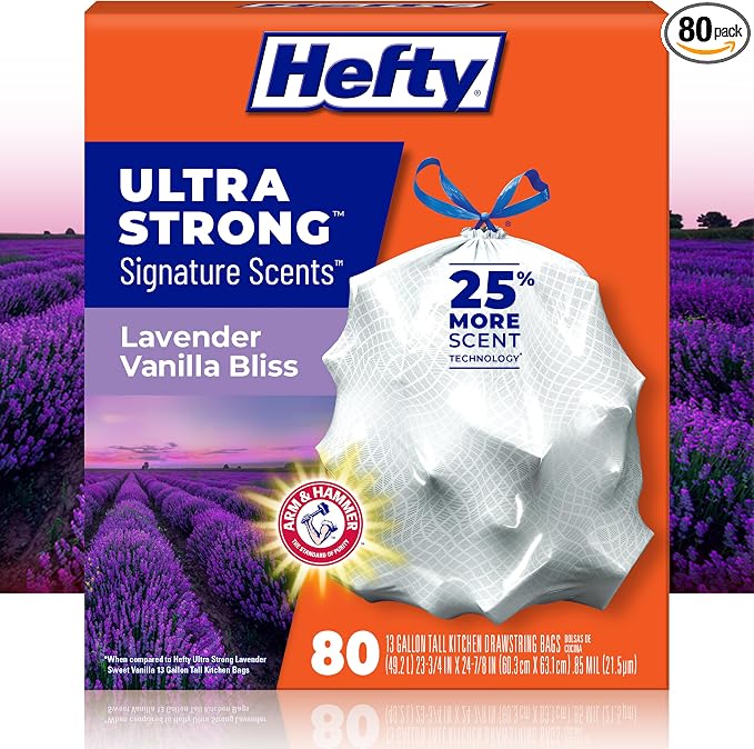 Hefty Ultra Strong Signature Scents 13G Trash Bags, Lavender Vanilla, 80ct | 13 by Hefty