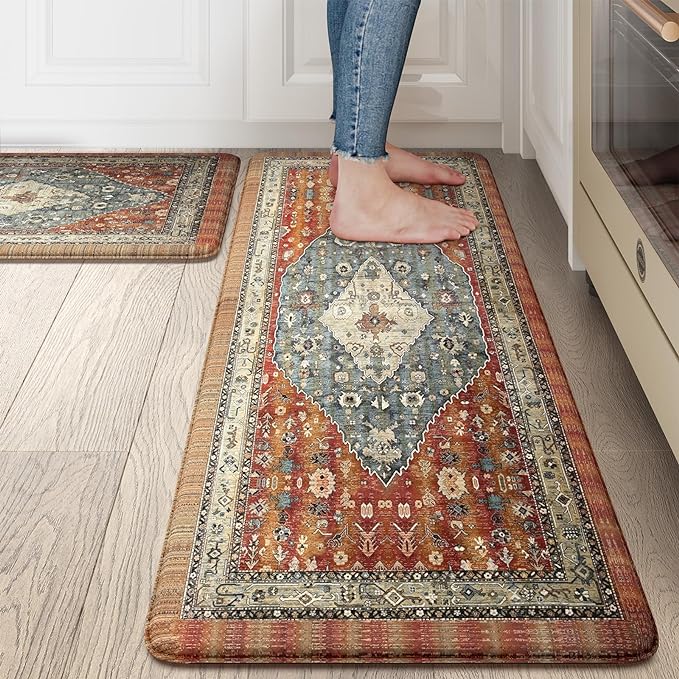 Collive Boho Kitchen Mats 2PCS, Cushioned Kitchen Mat for Floor Anti Fatigue Waterproof Kitchens Rugs Set of 2, Non Skid Comfort Standing Rug for Office, Sink, Laundry, 17"x30"+17"x47"