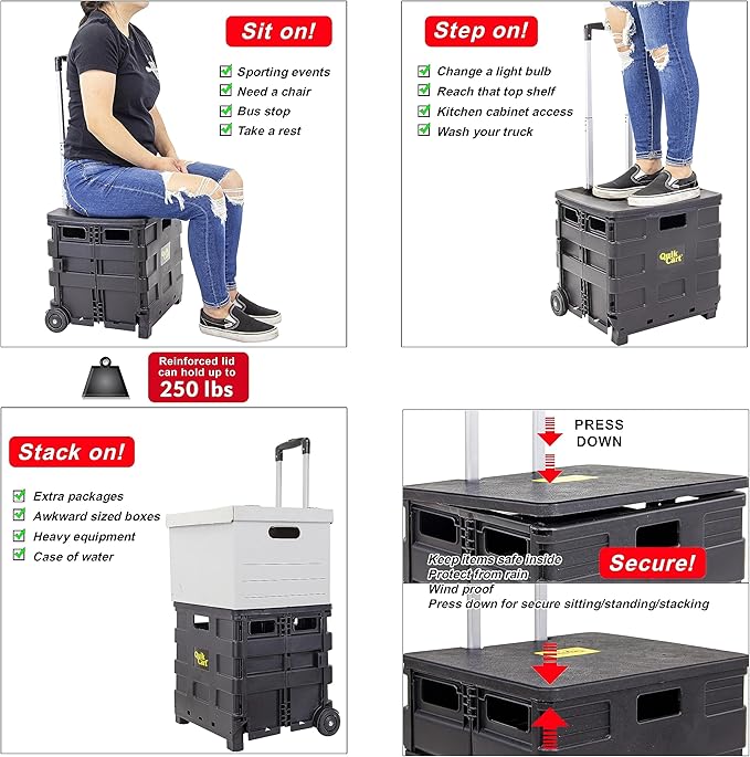 dbest Products Quik Cart Sport Collapsible Rolling Crate on Wheels for Teachers Tote Basket 80 lbs Capacity, Made from Heavy Duty Plastic, Black, Compact