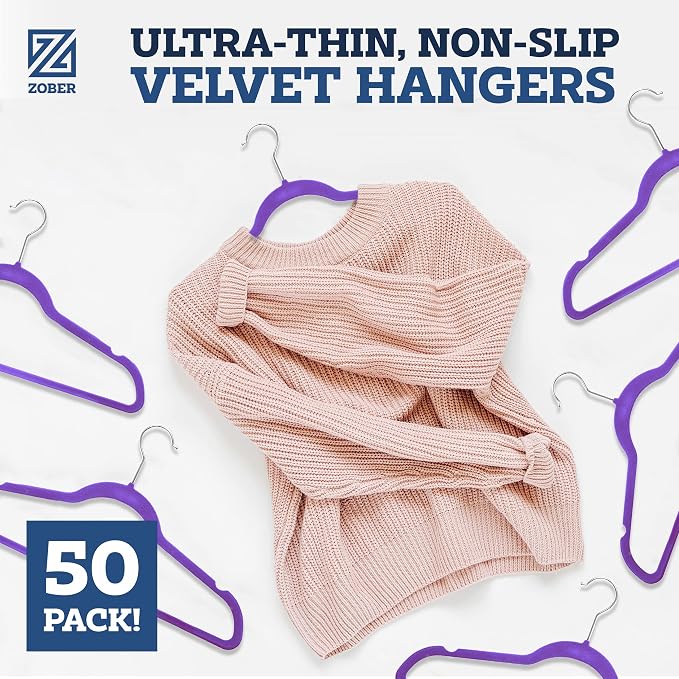 Zober Purple Velvet Hangers 50 Pack, Slim Non Slip Clothes Hangers | Slim - Image 2