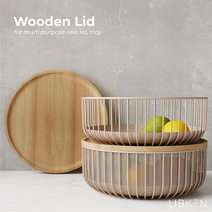 Metal Fruit Bowl Basket with Wooden Lid - Fruit and Vegetable Holder For Kitchen Counter - Countertop Display Baskets Organizer - Bowl Storage for Veggie, Fruits, Snack, and Banana - Peach