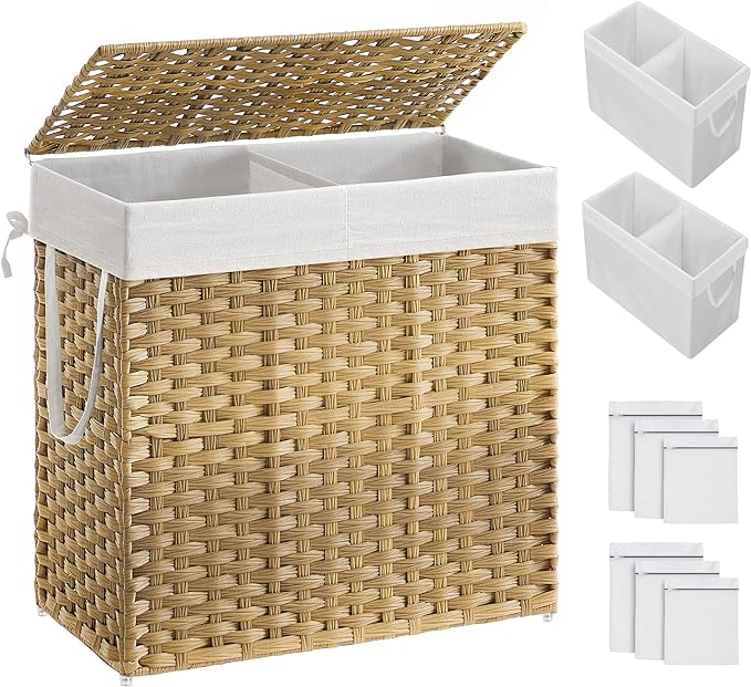 SONGMICS Laundry Hamper with Lid, 130L Double Wicker Basket, 6 Mesh Bags by Unknown