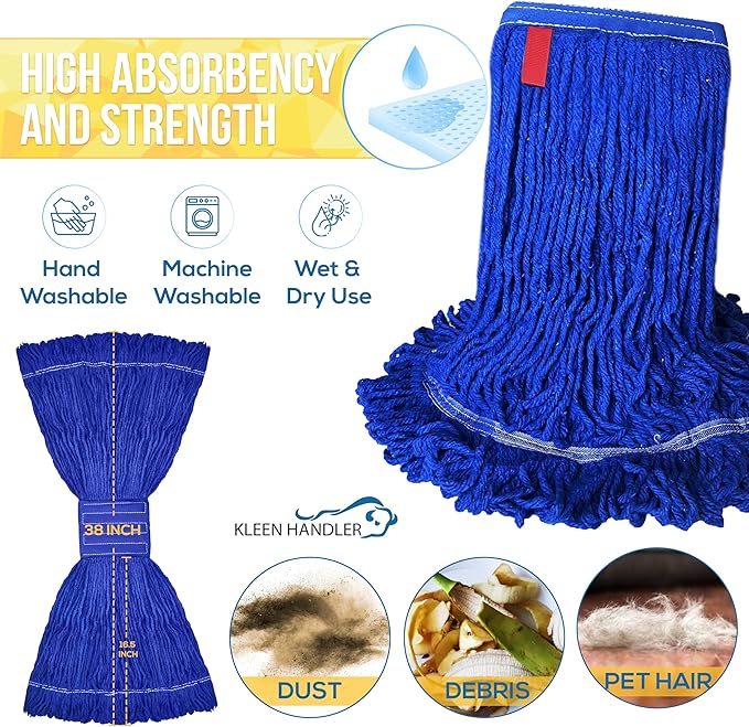 KLEEN HANDLER Blended Loop End Heavy Duty Mop Head Replacement, Wet Mop Refills for Industrial and Commercial Use, Dark Blue, 24 Oz (24-Pack)
