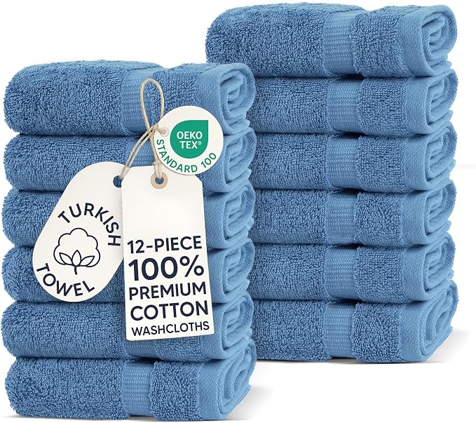Chakir Turkish Linens 100% Cotton 12-Pack Washcloths 13x13, Wedgewood | Premium by ChakirTurkishLinens