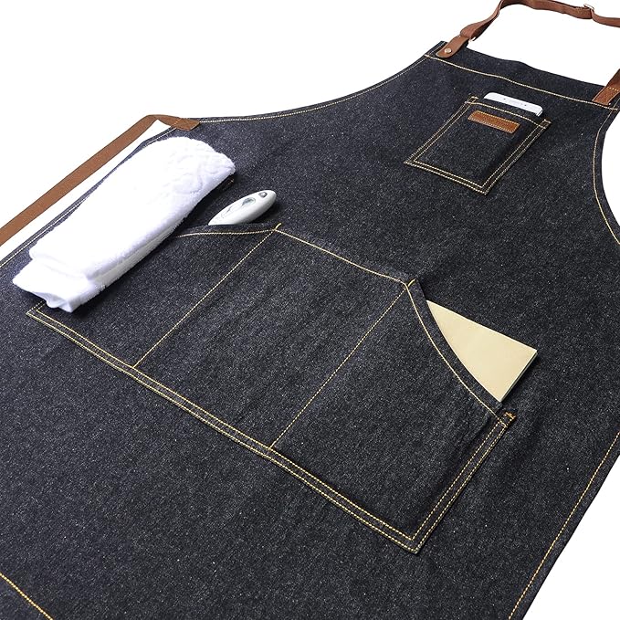 Apron with Pockets, Mens Womens Chef Bib Apron for Kitchen Cooking Grill BBQ Baking Server with Towel Loop