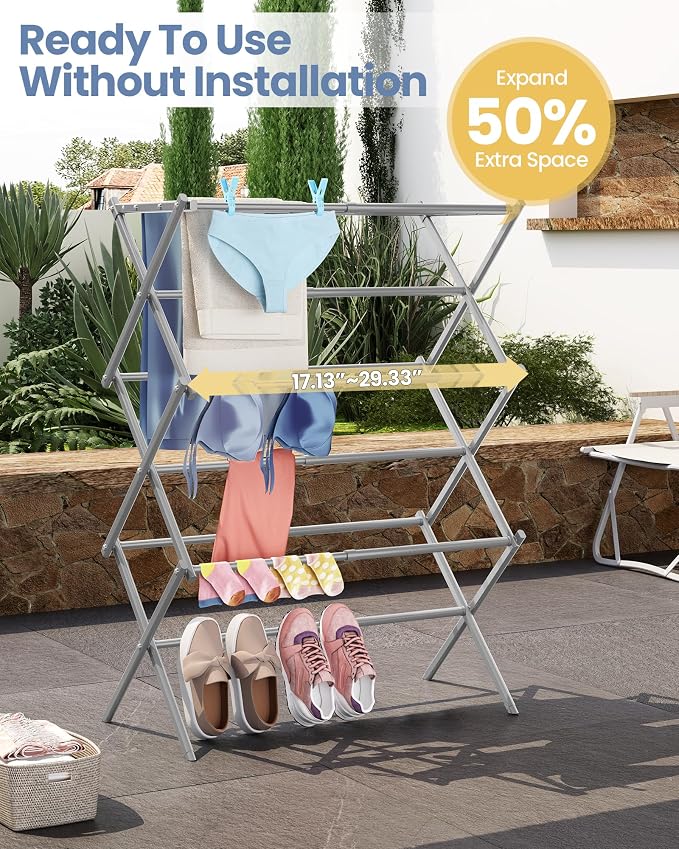 Oversize 3-Tier Clothes Drying Rack, No Install, Non-slip feet, Tool-free Setup - Image 5