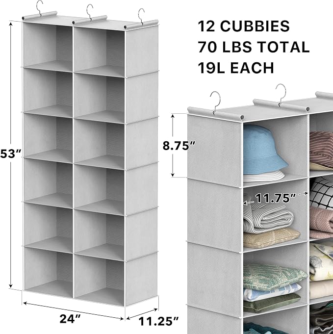 Simple Houseware 6 Shelf Double-Wide Hanging Closet Organizer, 3 Metal Hooks - Image 3