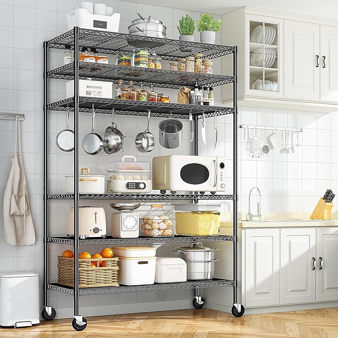 82" H X45 W X18 D Storage Shelves with Wheels, 6 Tier Wire Shelving Adjustable Metal Shelving Pantry Shelves Capacity 1200LBS for Garage Shelving, Pantry, Kitchen, Closet, Commercial, Black