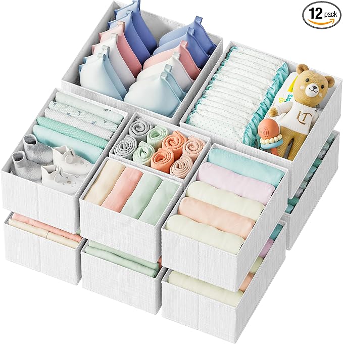 Drawer Organizer Clothes Set of 12 White-Grey by Neaterize