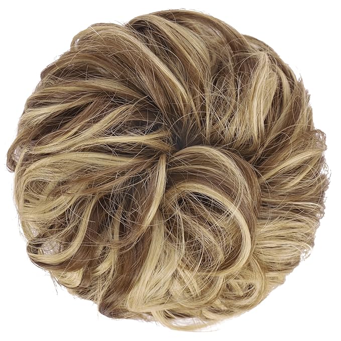 FESHFEN Large Messy Bun Hair Piece - Wavy Synthetic Chignon Scrunchies Elastic Ponytail Hair Extensions Thick Hairpieces for Women, Light Brown & Blonde 1.94oz