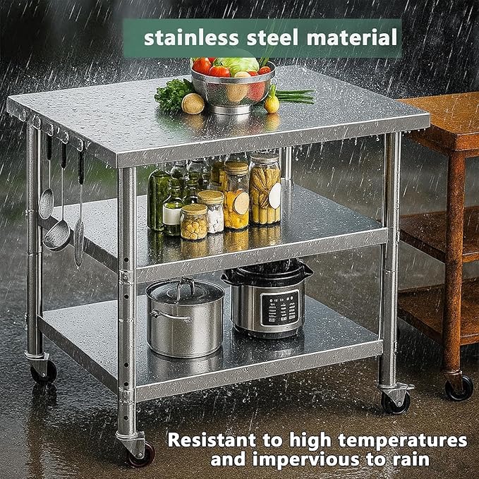 Stainless Steel Table with Wheels for Food Preparation and Work, Multi-Size Optional, Three-Layer Variable Two-Layer Metal Commercial Workbench Outdoor, Restaurant, Kitchen (48" Lx24 Wx34 H)