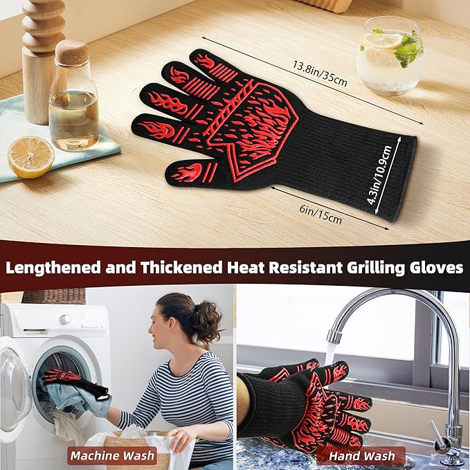BBQ Gloves, 1472°F Heat-Resistant and Anti Slip Long Grilling Gloves, One Size Fits All, Gift Two Hooks, Excellent Hand and Wrist Protection in The Kitchen/Fireplace/Griddle/Smoker/Fire Pit