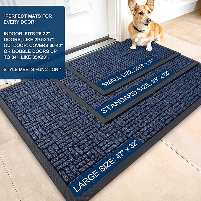 OLANLY Front Door Mat Outside Entrance 47x32, Absorbent, Heavy Duty Sturdy Natural Rubber Doormat Indoor Outdoor, Non-Slip, Stain and Fade Resistant, Low Profile Floor Mat for Entryway, Navy Blue
