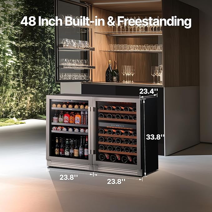 Ca'Lefort Wine Beverage Refrigerator Bundle - 48 Inch 34-65°F Drink Fridge Glass Door, 3 LED Dual Zone Wine Fridge Built-in or Freestanding, Holds 220 Cans and 52 Bottles (11.3 Cu.ft)