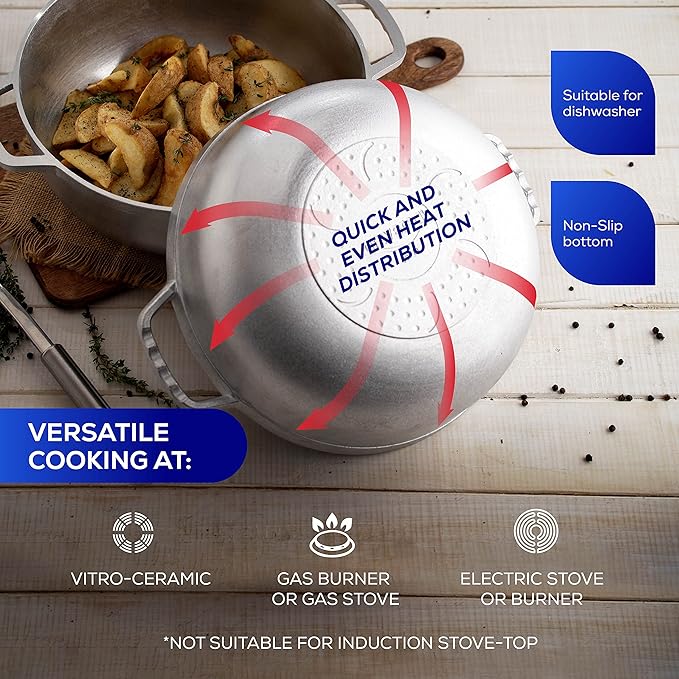 Universal (Small Size) Caldero 9 Cups - 3.4 QT / 3.2 L, Stainless Aluminum Pot, Even Heat Distribution and Fast Cooking Dutch Oven Pot, Ergonomic Handles, Ideal for Rice, French Fries, and More