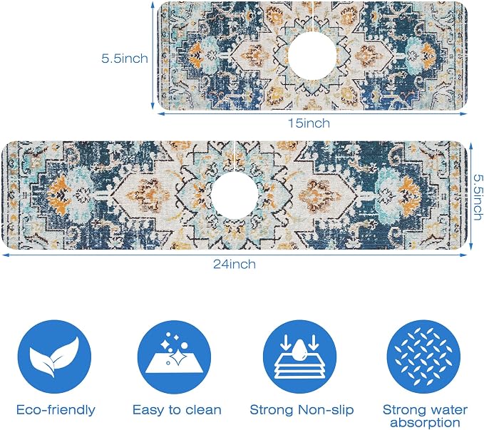 Oriental Blue Turkish Carpet Pattern Sink Faucet Absorbing Mat Sink Splash - Image 3