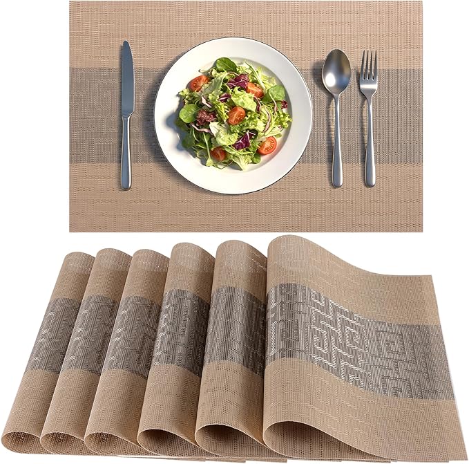 Timeet Placemats Set of 6, Heat Resistant Non-Slip Place Mats for Dining Table, Durable Washable PVC Vinyl Woven Table Mats, Resistant Kitchen Placemats Easy to Clean(Beige & Gray