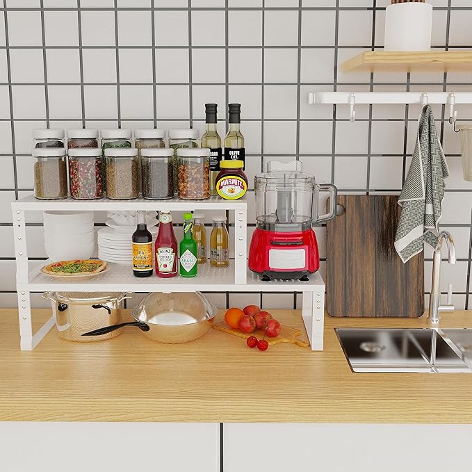 Expandable Adjustable Stackable Kitchen Organizer, Spice Rack,Metal Pantry Storage Shelves Racks,Counter Shelf for Cabinets, Countertop, Cupboard (1 Pack/Large/White)