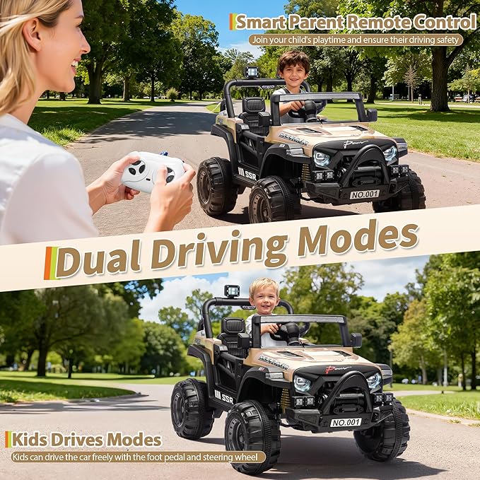 12V Kids Ride on Car, Electric Ride on Truck w/Parent Remote, Spring Suspension, Bluetooth Music, LED Light, 4.1Mph Max Speed, 3 Speeds, Battery Powered Vehicles for Kids Toddler Age 3-8, Khaki