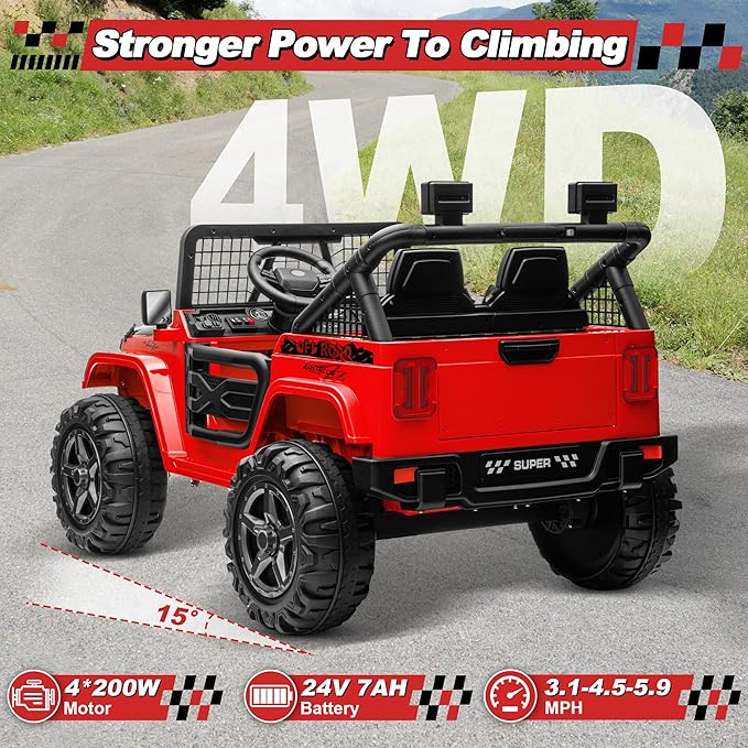 24V Ride on Car with Remote Control, XL 2 Seater 4WD/2WD Switchable Truck w/4X200W Motor, 20 Inch Wide Seat, Gift Flower Power Car Wheels 24 Volt Big Truck for Boys Girls, Red