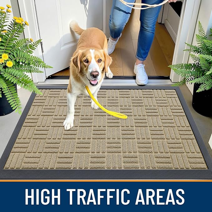 OLANLY Front Door Mat Outside Entrance 47x32, Absorbent, Heavy Duty Sturdy Natural Rubber Doormat Indoor Outdoor, Stain and Fade Resistant, Non-Slip Backing Low Profile Floor Mat for Entryway, Beige