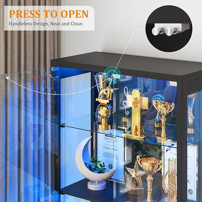 67" Tall Display Cabinet with Glass Doors and 2 Drawers, Adjustable Glass Height Bookcase, Curio Cabinet with 3 LED Lights and Human Body Sensor (Black)