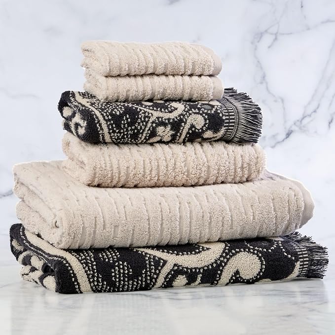 SKL Home CloudSoft/Amherst Medallion Bath Towel Set-6pc, Oatmeal/Black | 2 Bath - Image 9