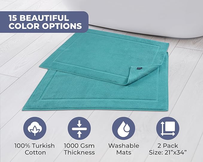 Hawmam Linen Teal Turquoise Bath Mats, 21 x 34 inches, Banded Design, Highly - Image 3