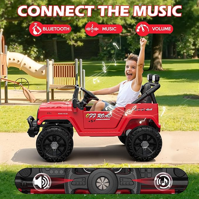 12V Ride On Truck Car with Remote Control, Kids Electric Vehicles with Bluetooth Music, Horn, 3 Speeds, 4 LED Lights, Soft Start, Ride on Toys for Toddler Boys & Girls (Red)