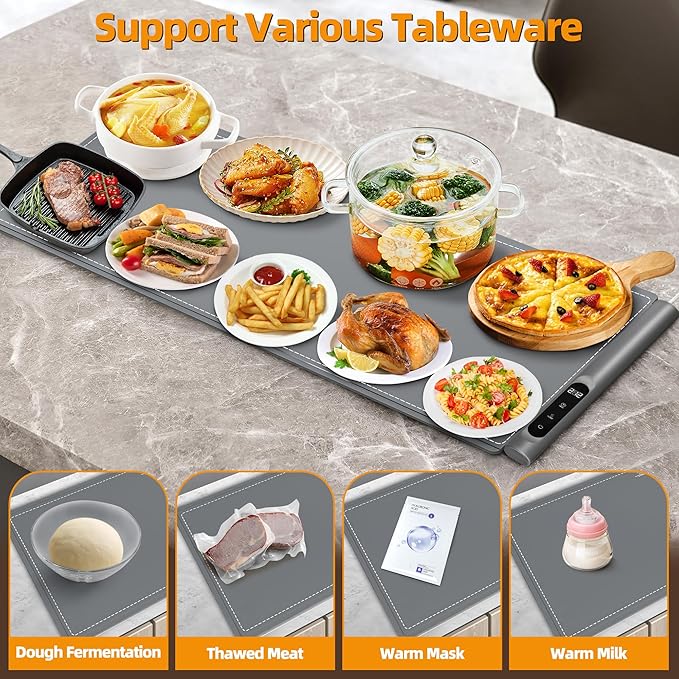 Graphene Warming Mat for Food - Fast Full Surface Heating, Extra Large (XXL 36”x 16") Electric Warming Trays for Buffets Party Countertop with 6 Temp & Timer Settings, Gifts for Mom Wife, Gray