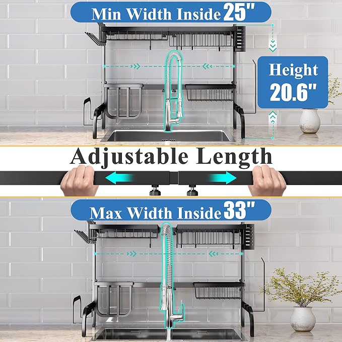Over The Sink Dish Drying Rack, Adjustable 25.5-33.5 in, Snap-On Design - Image 3
