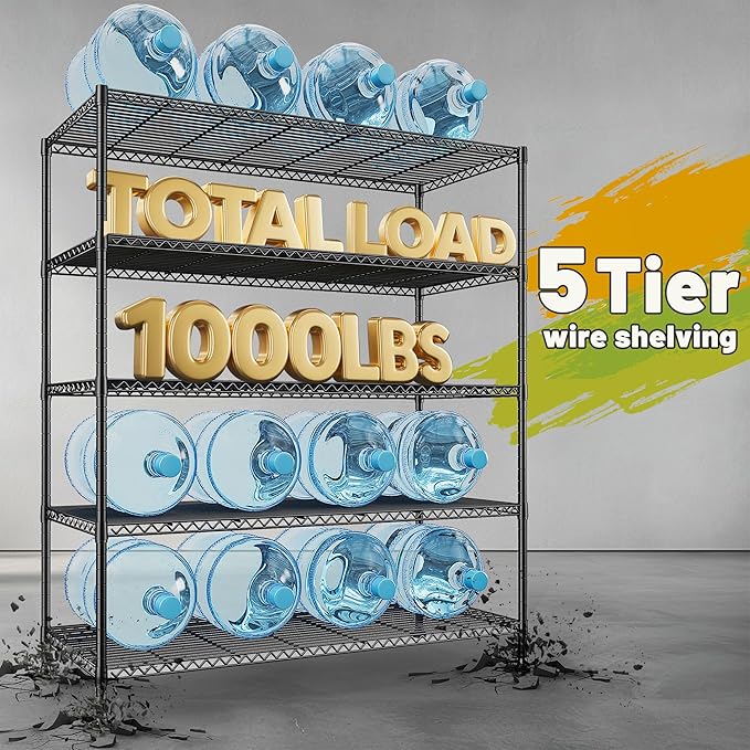 REIBII 45.5''W Storage Shelves Wire Shelving, 5 Tier Pantry Shelves for Storage Rack, Adjustable Metal Shelving for Pantry Kitchen Steel Shelving, 45.5" W x 71" H x 17.7" D, 2 Pack