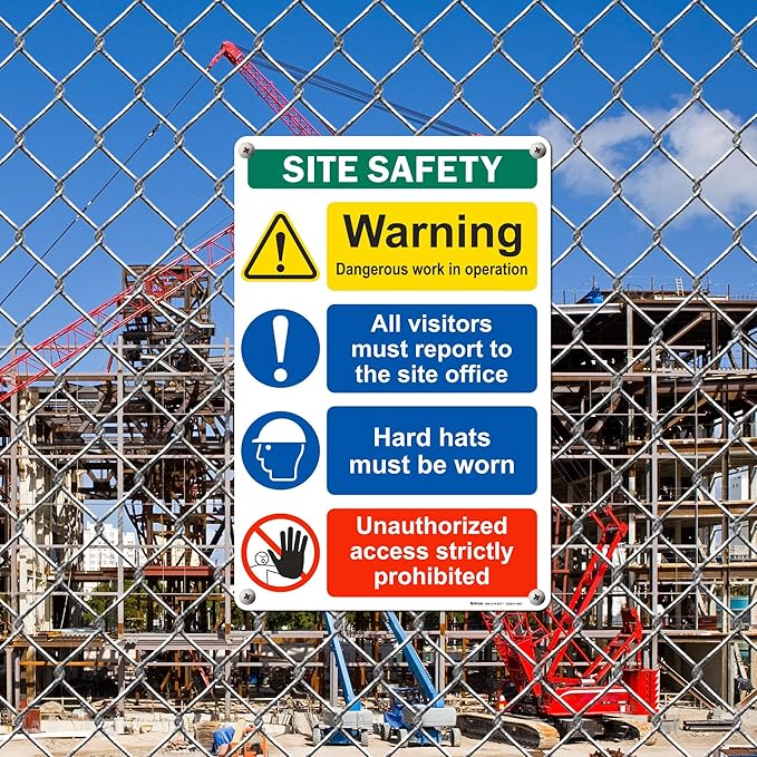 Brimar - 12" x 18" - Construction Site Safety Sign - .063″ White Rust-Free Aluminum - Bold Text - Easy Installation