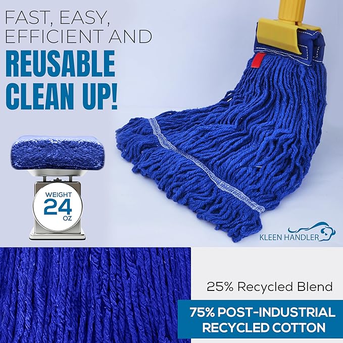 KLEEN HANDLER Blended Loop End Heavy Duty Mop Head Replacement, Wet Mop Refills for Industrial and Commercial Use, Dark Blue, 24 Oz (3-Pack)