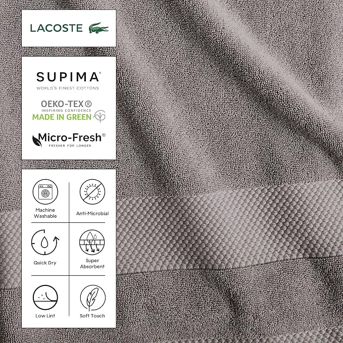 Lacoste Heritage 100% Supima Cotton Bath Sheet 35" x 70", Croc Green | Highly - Image 3