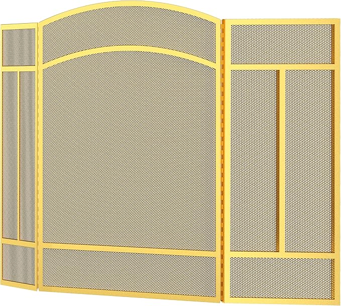 Fire Beauty Fireplace Screen 3 Panel Wrought Iron 48"(L) x 29"(H) Spark Guard Cover(Golden Dusting)