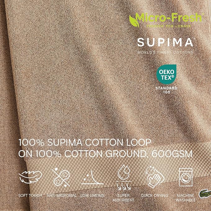 Lacoste Heritage 100% Supima Cotton Bath Towel 30" x 54", Sand | Highly - Image 5