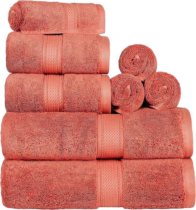 SUPERIOR Egyptian Cotton Ultra Plush & Absorbent, 8 Piece Set, Coral | Quick Dry by SUPERIOR
