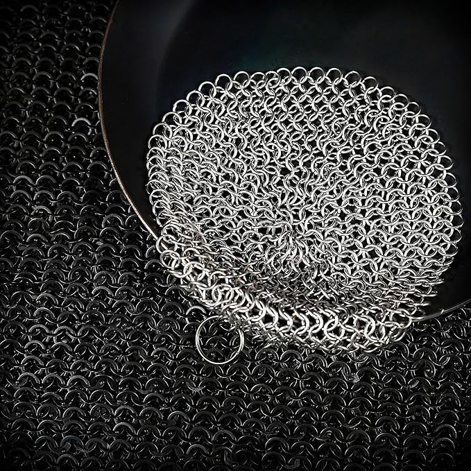 Mythrojan Cast Iron Cleaner, 7 Inches Stainless Steel Round Chainmail Scrubber For Cast Iron Pan Skillet, Wok, Pot, Pan; Pre-Seasoned Pan Dutch Ovens Waffle Iron Pans Scraper Cast