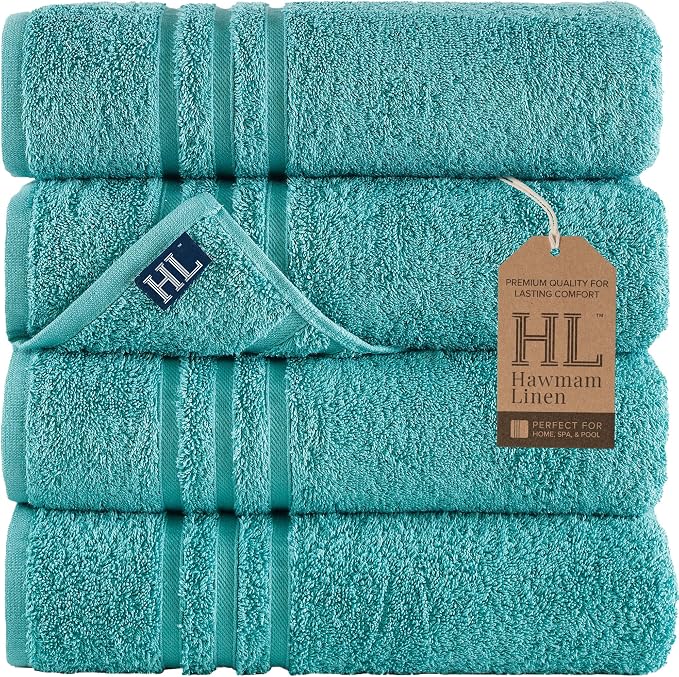 Hawmam Linen Teal Turquoise Bath Towels 4 Pack Soft and Absorbent by HawmamLinen