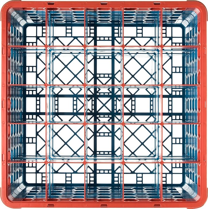 CFS RG25-4C412 OptiClean 25 Compartment Glass Rack with 4 Extenders, 10.3", Polypropylene, Orange/CFS Blue